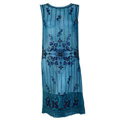 1920's French Heavily-Beaded Deco Blue Silk Chiffon Drop-Waist Flapper Dress