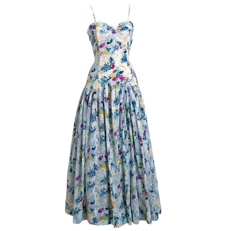 1940
s Emma Domb Watercolor Floral Print Organza Full-Length Gown 
Shawl