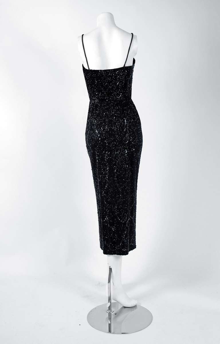 Women's 1950's Ceil Chapman Black Shelf-Bust Beaded Silk Cocktail Wiggle Dress