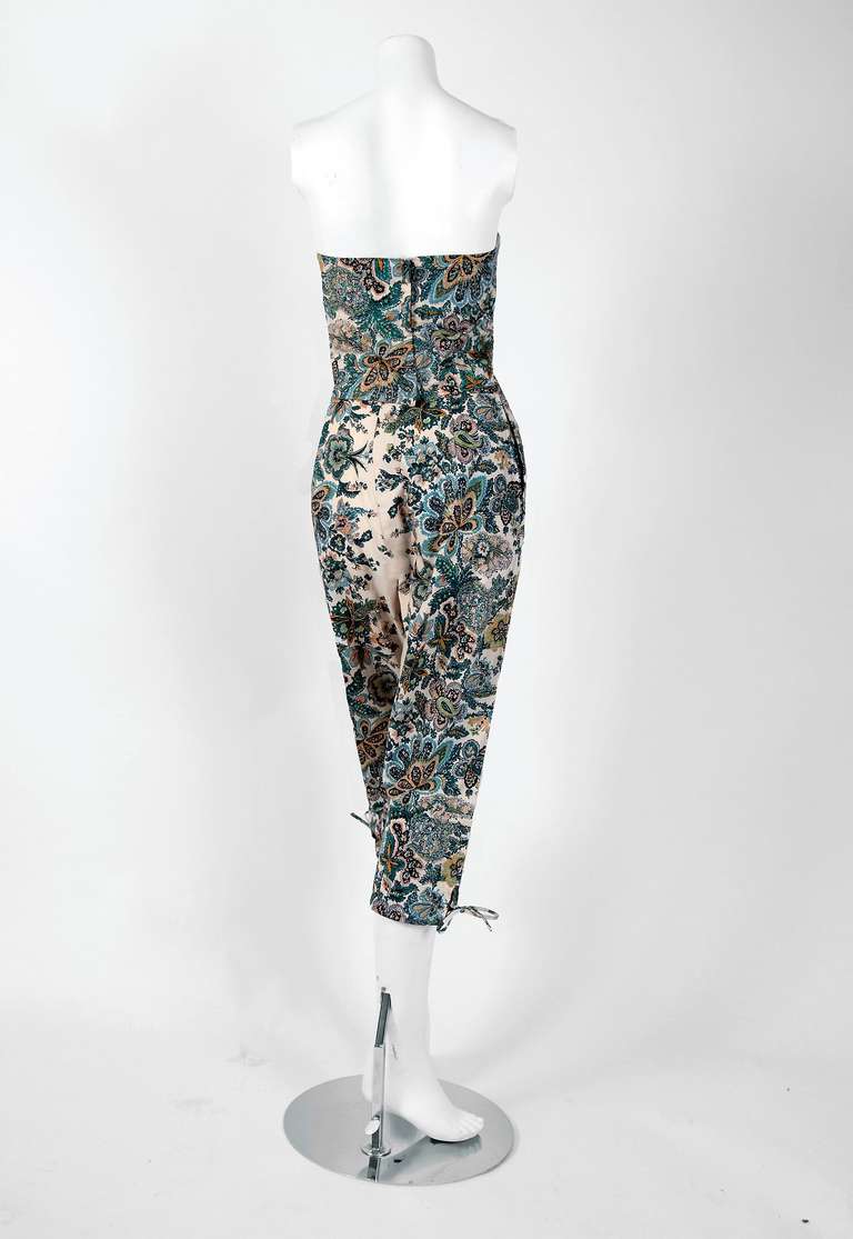 1950's Sequin Paisley-Print Cotton Strapless Bustier & Matching Capri-Pants Set 1