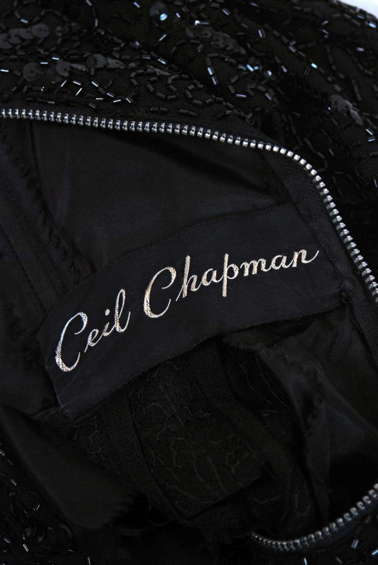 1950's Ceil Chapman Black Shelf-Bust Beaded Silk Cocktail Wiggle Dress 1