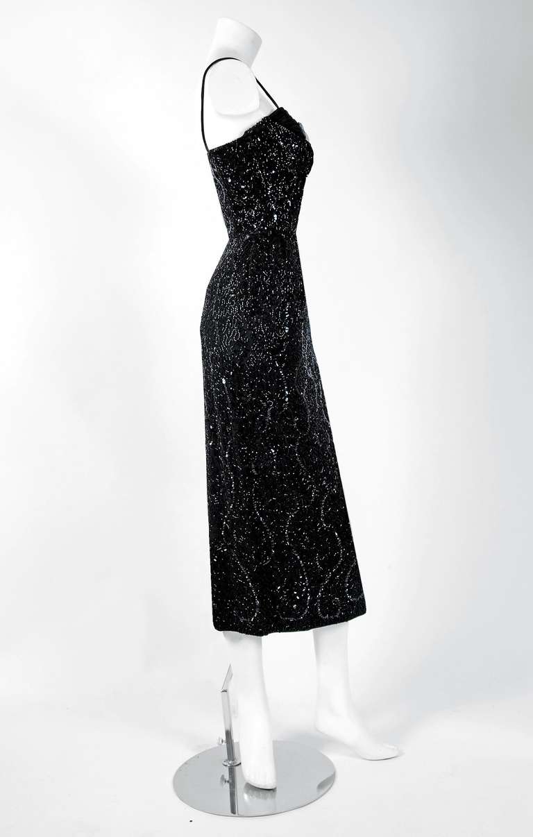 1950's Ceil Chapman Black Shelf-Bust Beaded Silk Cocktail Wiggle Dress In Excellent Condition In Beverly Hills, CA