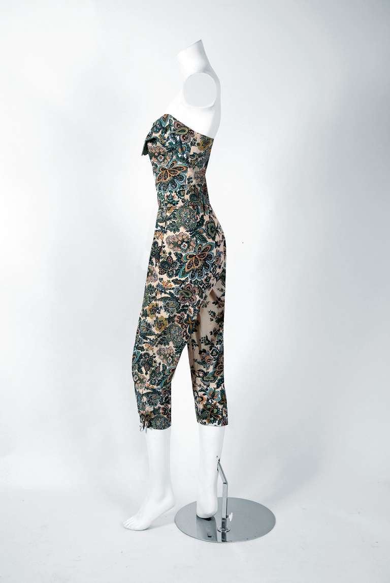 Women's 1950's Sequin Paisley-Print Cotton Strapless Bustier & Matching Capri-Pants Set