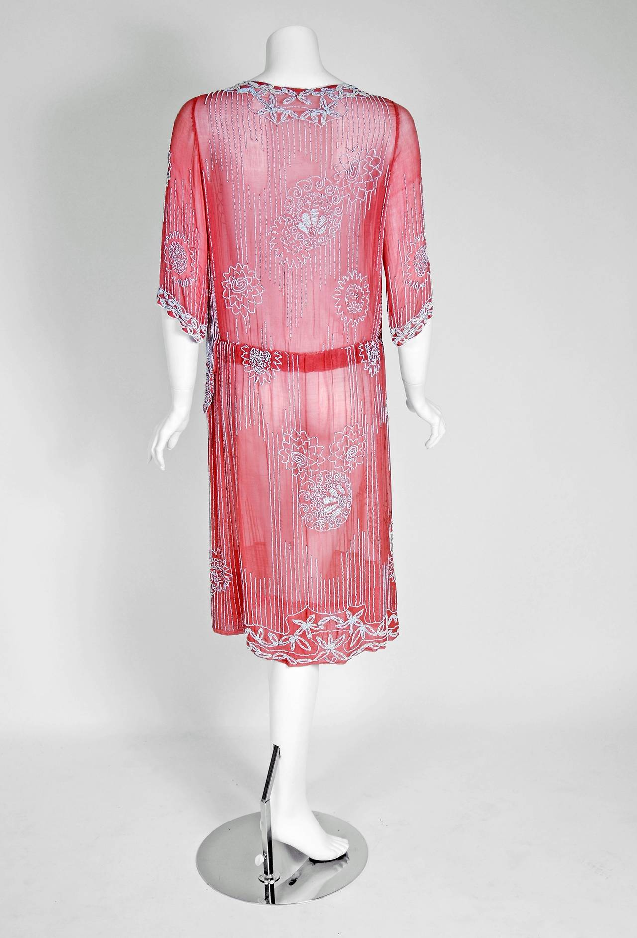 1920's French Rose-Pink Beaded Sheer Cotton Deco Drop-Waist Flapper Dress In Excellent Condition In Beverly Hills, CA