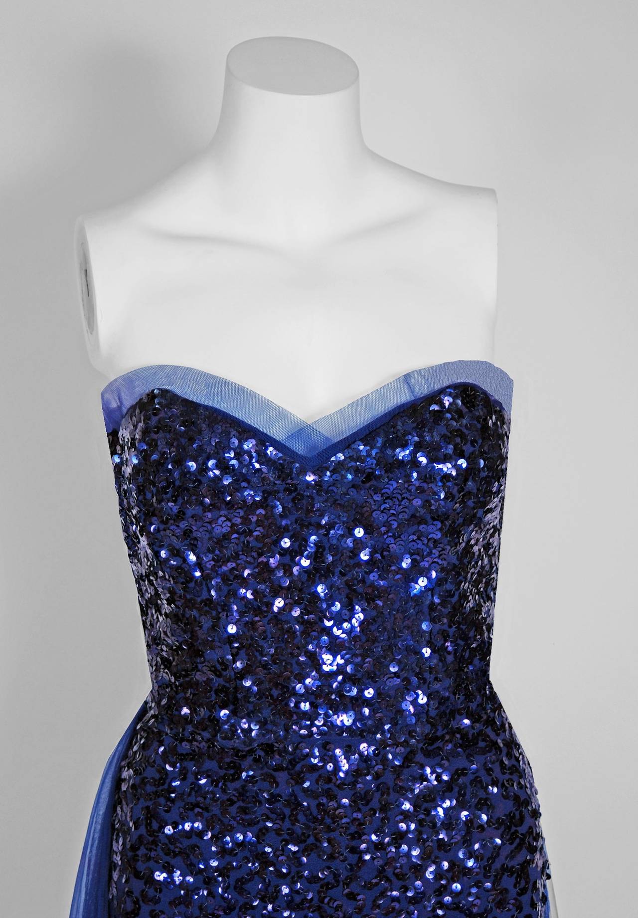 1950's Seductive Royal-Blue Sequin Rayon-Crepe Strapless Trained ...