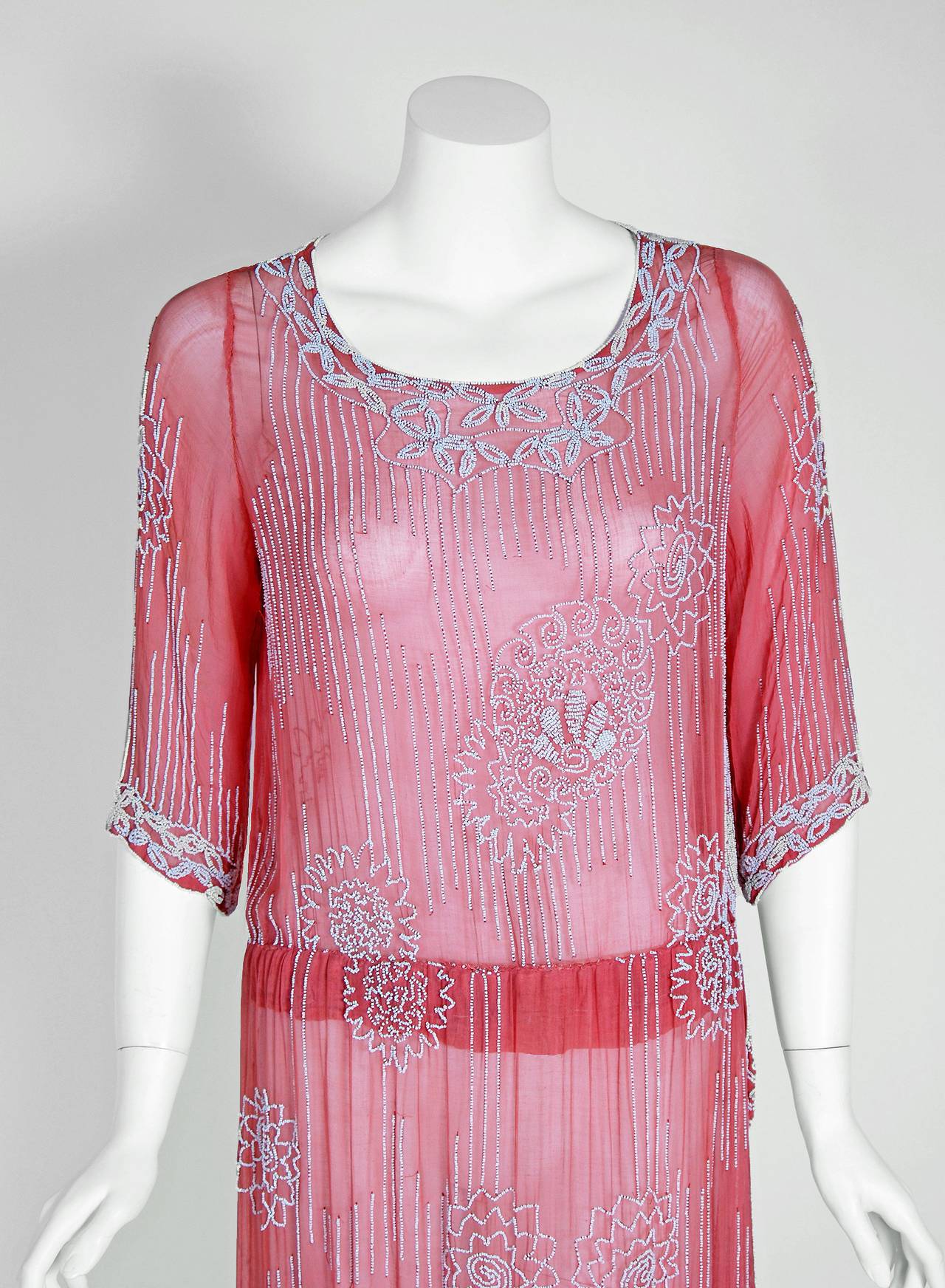 Women's 1920's French Rose-Pink Beaded Sheer Cotton Deco Drop-Waist Flapper Dress