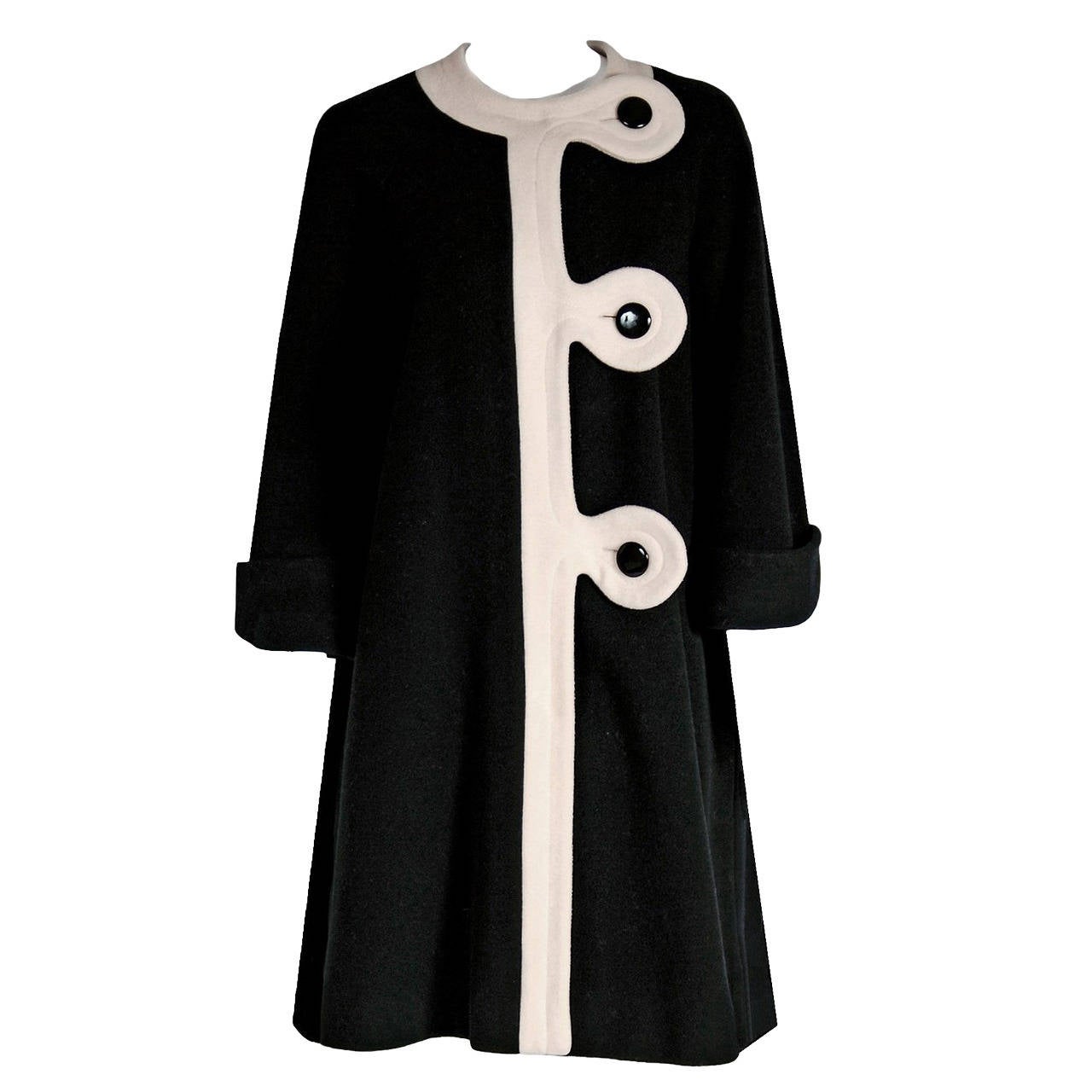 1960''s Pierre Cardin Black & Ivory Block-Colour Wool Mod Space-Age Swing Coat