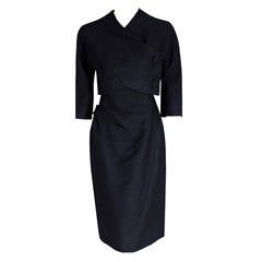 1950's Jean Desses Haute-Couture Black Wool Sculpted Hourglass Dress Ensemble