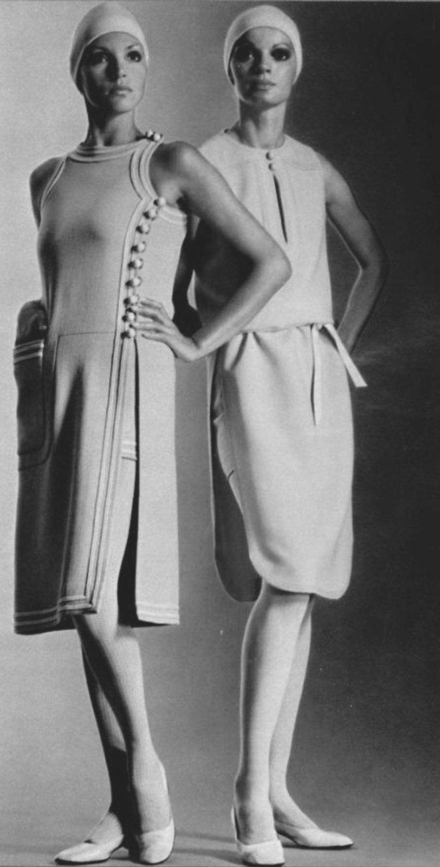 Spectacular Pierre Cardin mod dress ensemble in a vibrant yellow linen from his 1969 collection. In 1951 Cardin opened his own couture house and by 1957, he started a ready-to-wear line; a bold move for a French couturier at the time. The look most