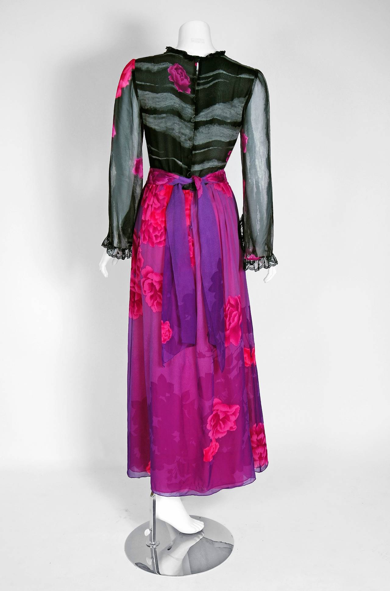 Women's 1970's Hanae Mori Couture Rose-Garden Floral Print Silk Bell-Sleeve Belted Gown