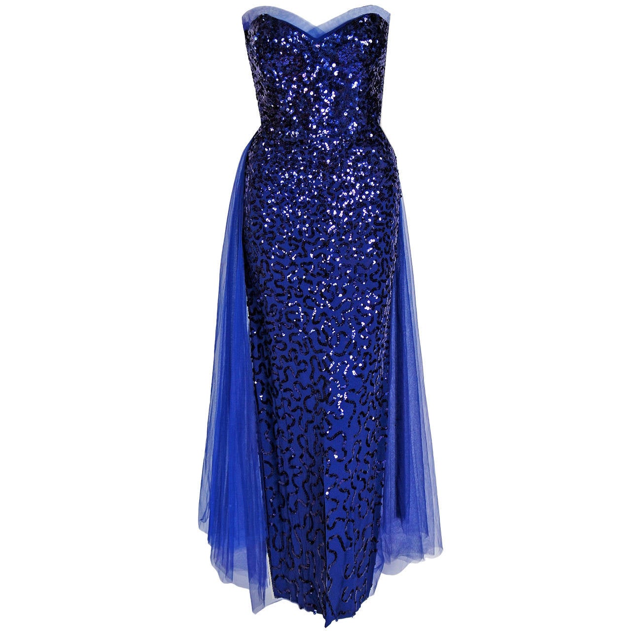 1950's Seductive Royal-Blue Sequin Rayon-Crepe Strapless Trained Evening Gown
