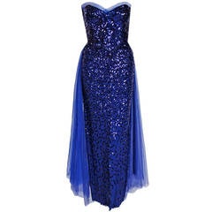 Vintage 1950's Seductive Royal-Blue Sequin Rayon-Crepe Strapless Trained Evening Gown