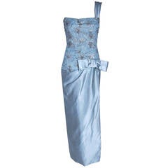 1950's Maggy Rouff Haute-Couture Blue Beaded Metallic Silk One-Shoulder Gown