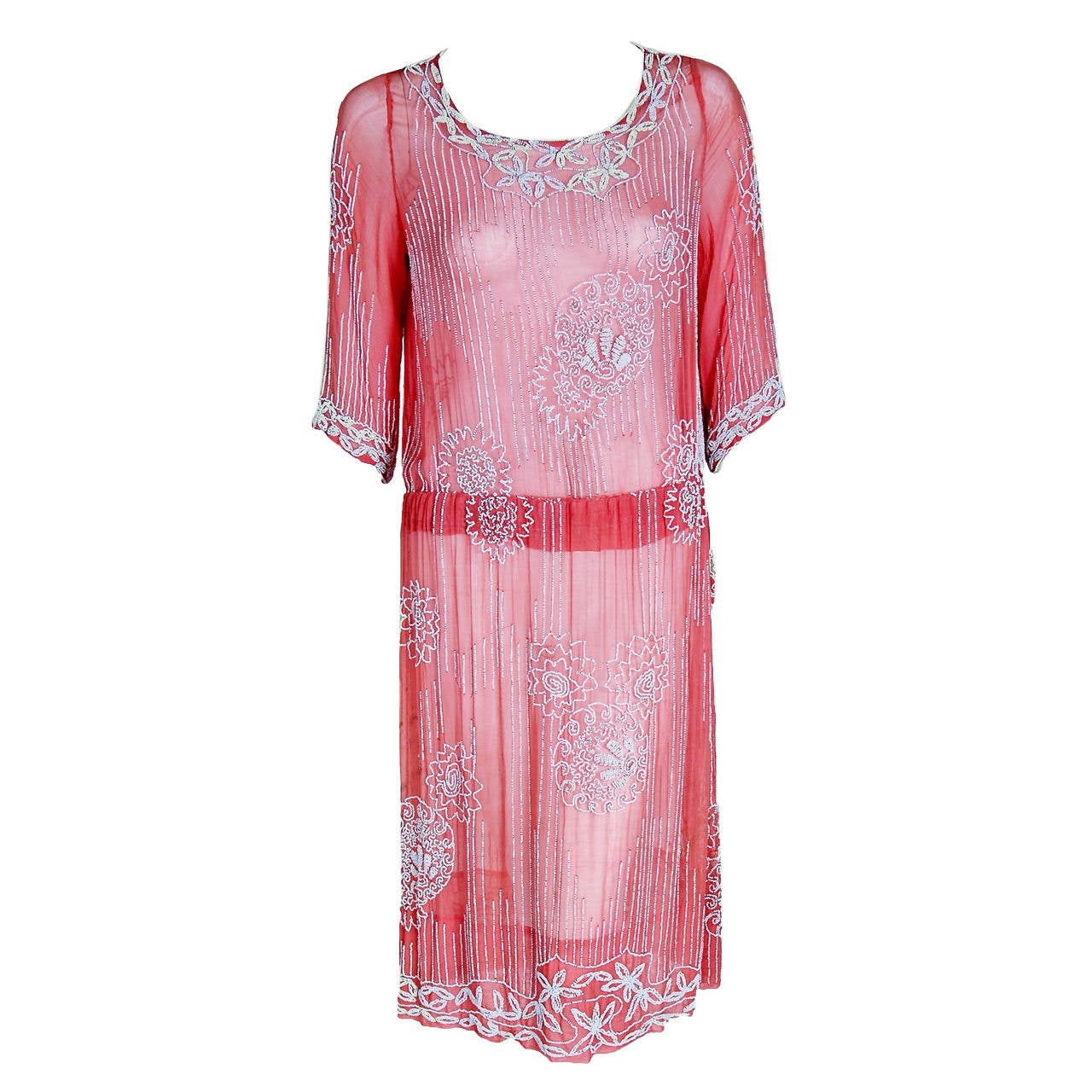 1920's French Rose-Pink Beaded Sheer Cotton Deco Drop-Waist Flapper Dress