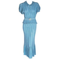 1930's Baby-Blue Knit Crochet Puff-Sleeve Belted Hourglass Fishtail Dress Set