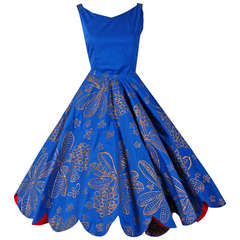 1950's Noel of Hawaii Metallic-Gold & Cobalt-Blue Scalloped Cotton Sun Dress