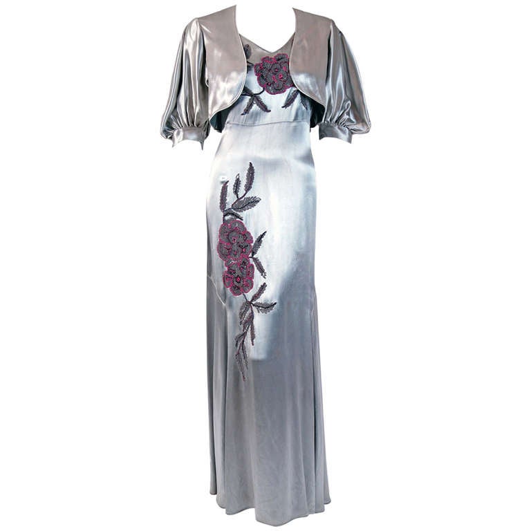 1930's Silver Silk-Satin Beaded Embroidered Bias-Cut Evening Gown & Bolero