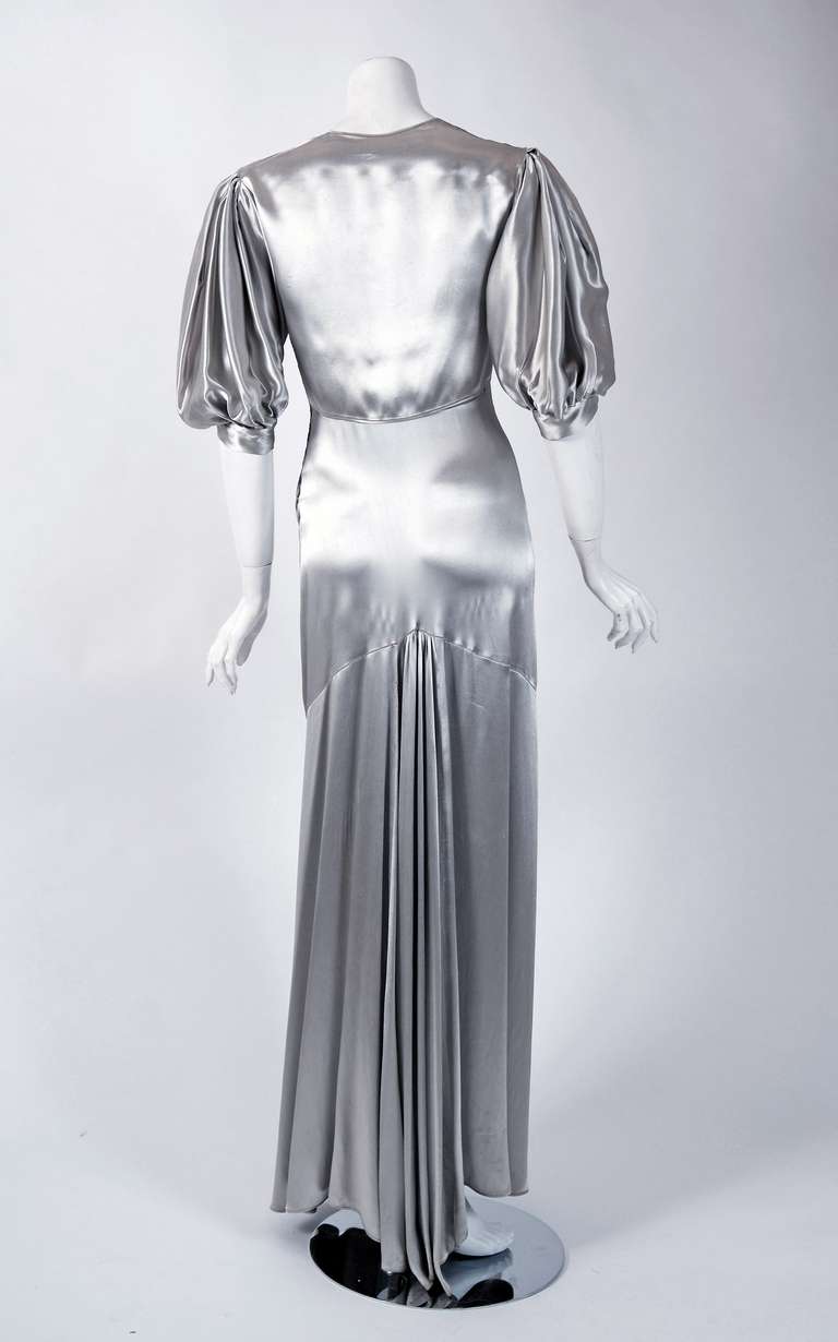 1930's Silver Silk-Satin Beaded Embroidered Bias-Cut Evening Gown & Bolero In Excellent Condition In Beverly Hills, CA