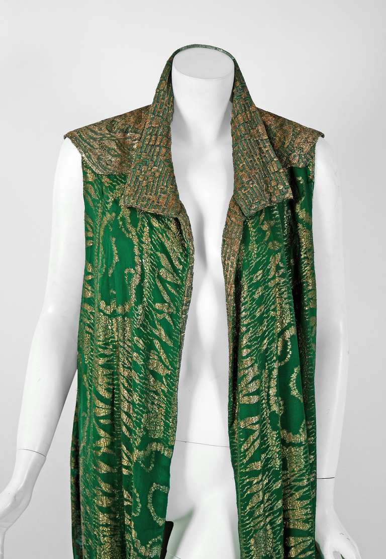 Breathtaking 1920's French metallic gold & emerald-green flapper vest jacket. Outerwear from the art-deco era remain a perennial favorite, perhaps because no other period combined such opulence with youthful sass. The casual, free-size cut of the