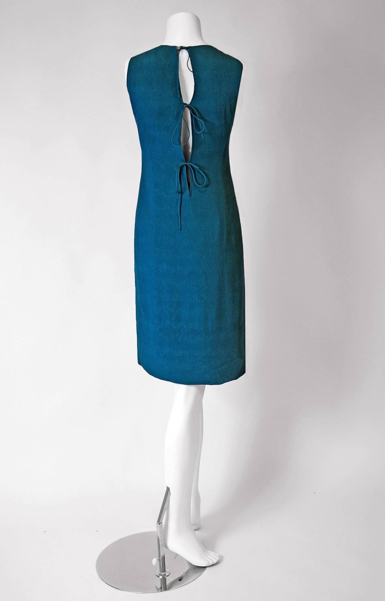 Women's 1966 Pierre Cardin Haute-Couture Sequin Teal Blue-Green Silk Mod Dress Ensemble