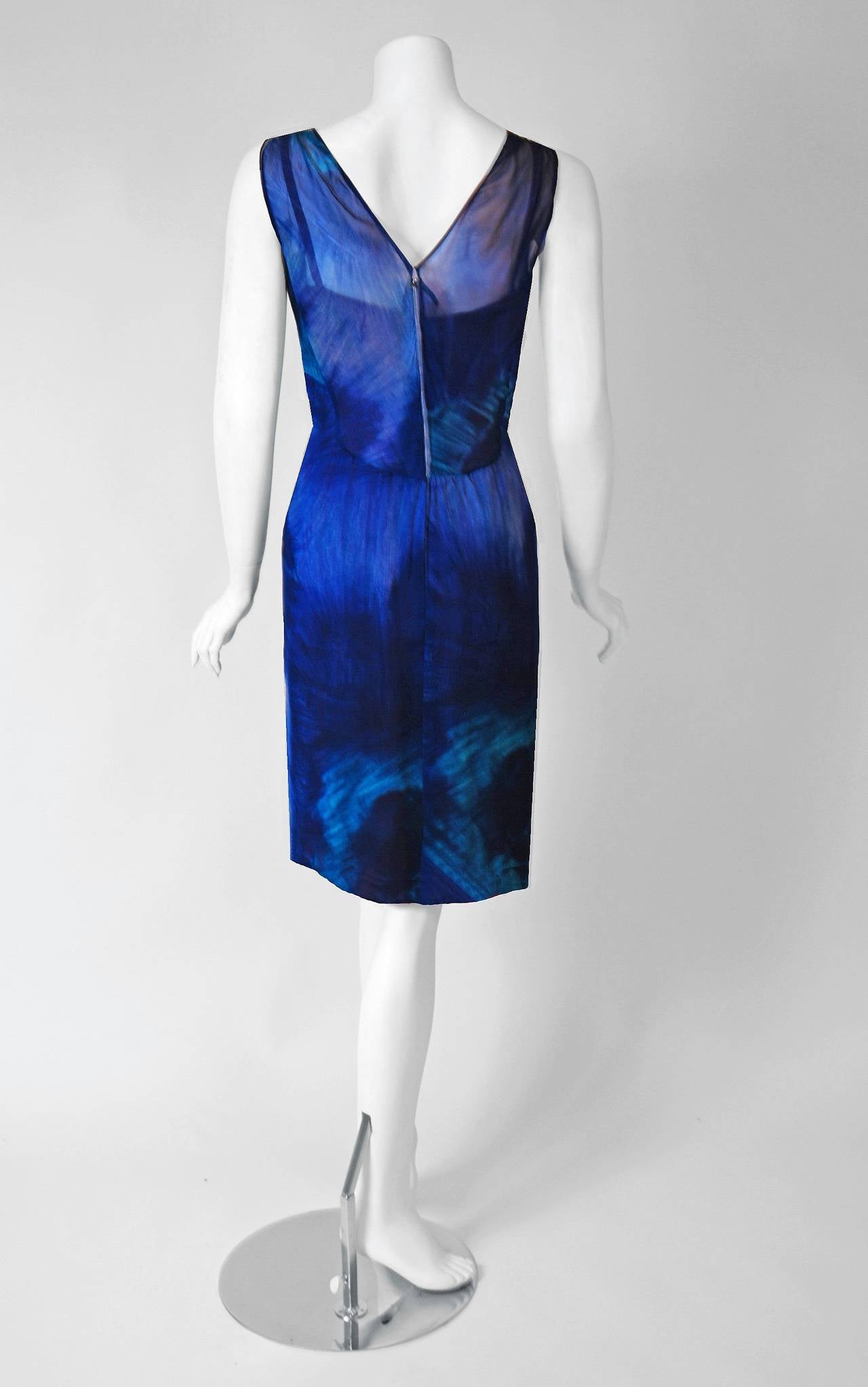 Purple 1968 Pierre Balmain Haute-Couture Watercolor Abstract-Print Silk Cocktail Dress