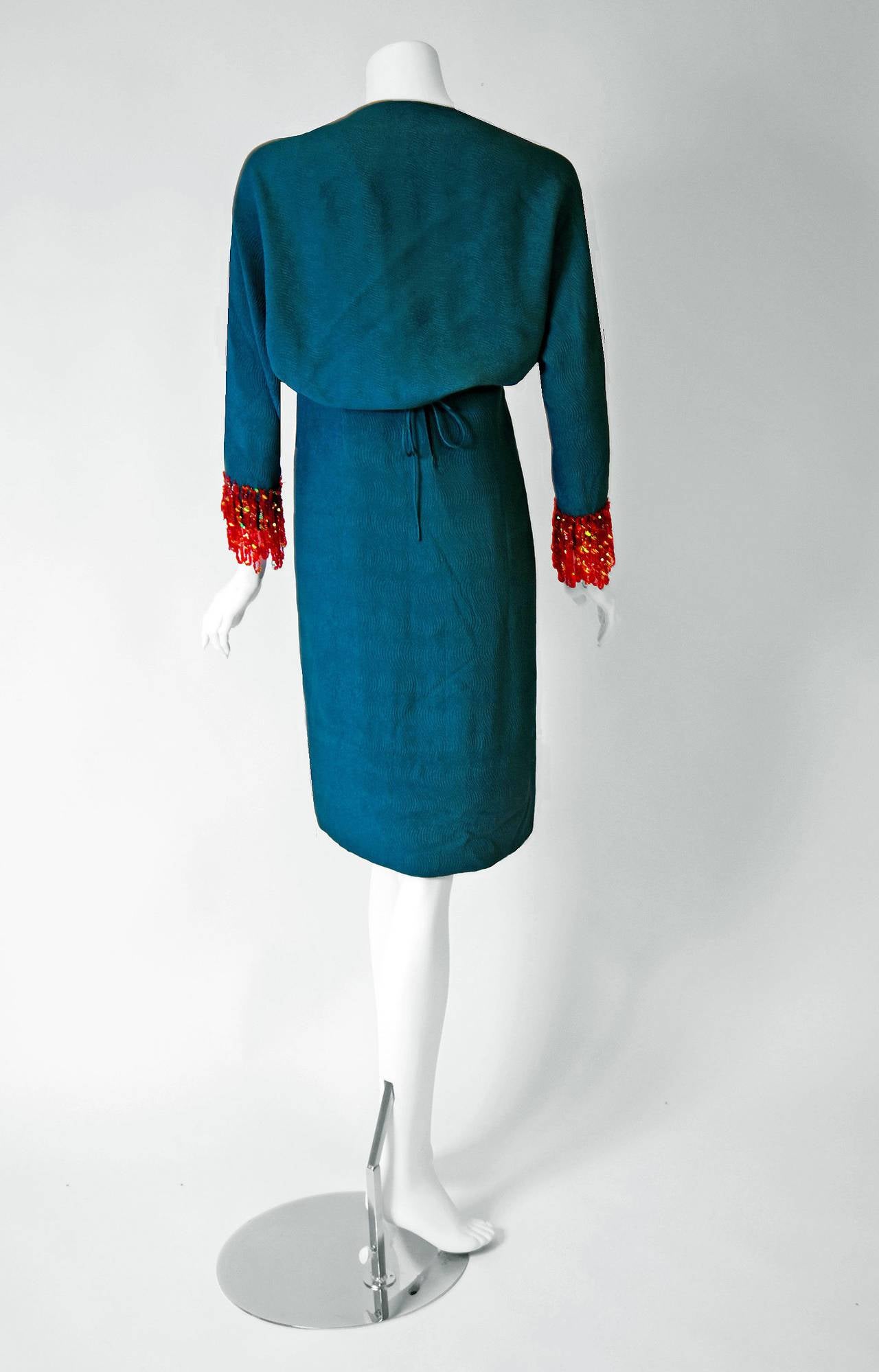 1966 Pierre Cardin Haute-Couture Sequin Teal Blue-Green Silk Mod Dress Ensemble In Excellent Condition In Beverly Hills, CA