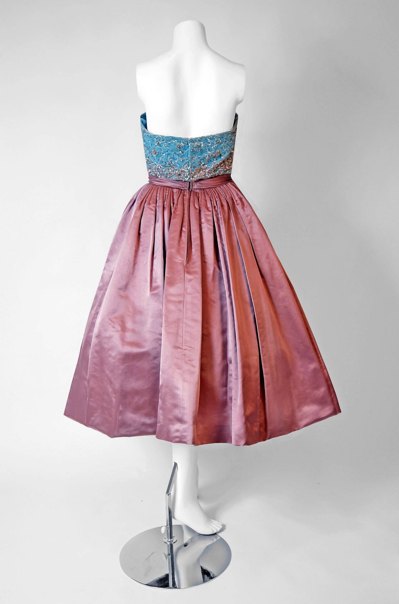 1950's Couture Mauve Satin and Beaded Light-Blue Velvet Strapless Party ...