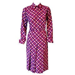 1974 Yves Saint Laurent Haute-Couture Purple & Magenta Plaid Silk Pleated Dress