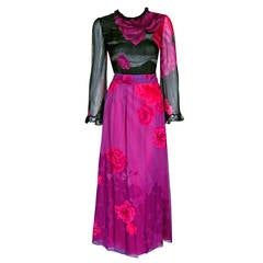 1970's Hanae Mori Couture Rose-Garden Floral Print Silk Bell-Sleeve Belted Gown