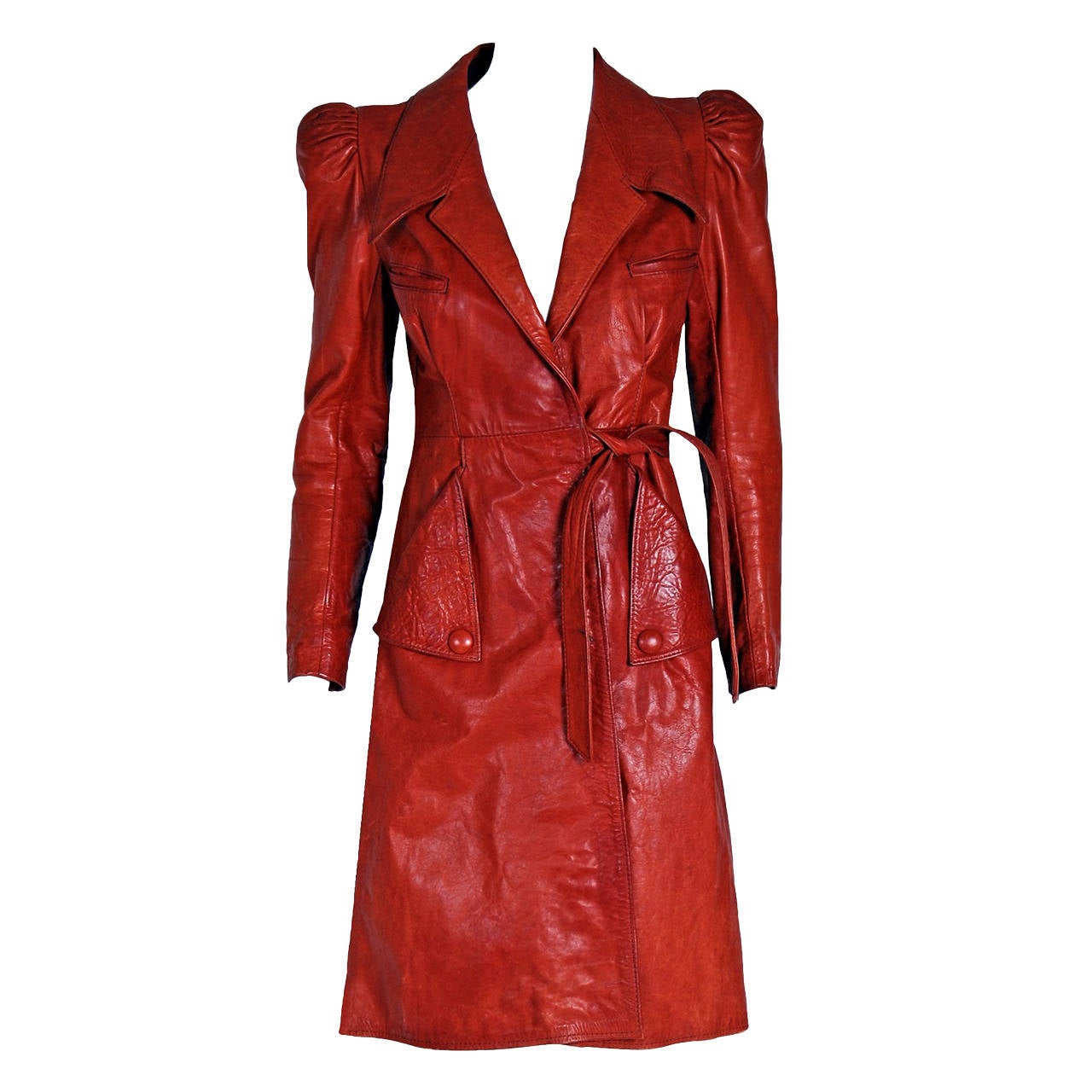 1970's Gandalf Cinnamon Leather Puff-Sleeve Belted Princess Trench Coat Jacket