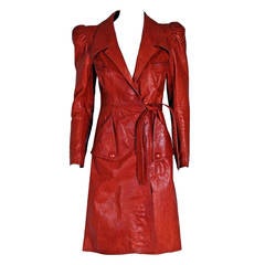 Vintage 1970's Gandalf Cinnamon Leather Puff-Sleeve Belted Princess Trench Coat Jacket