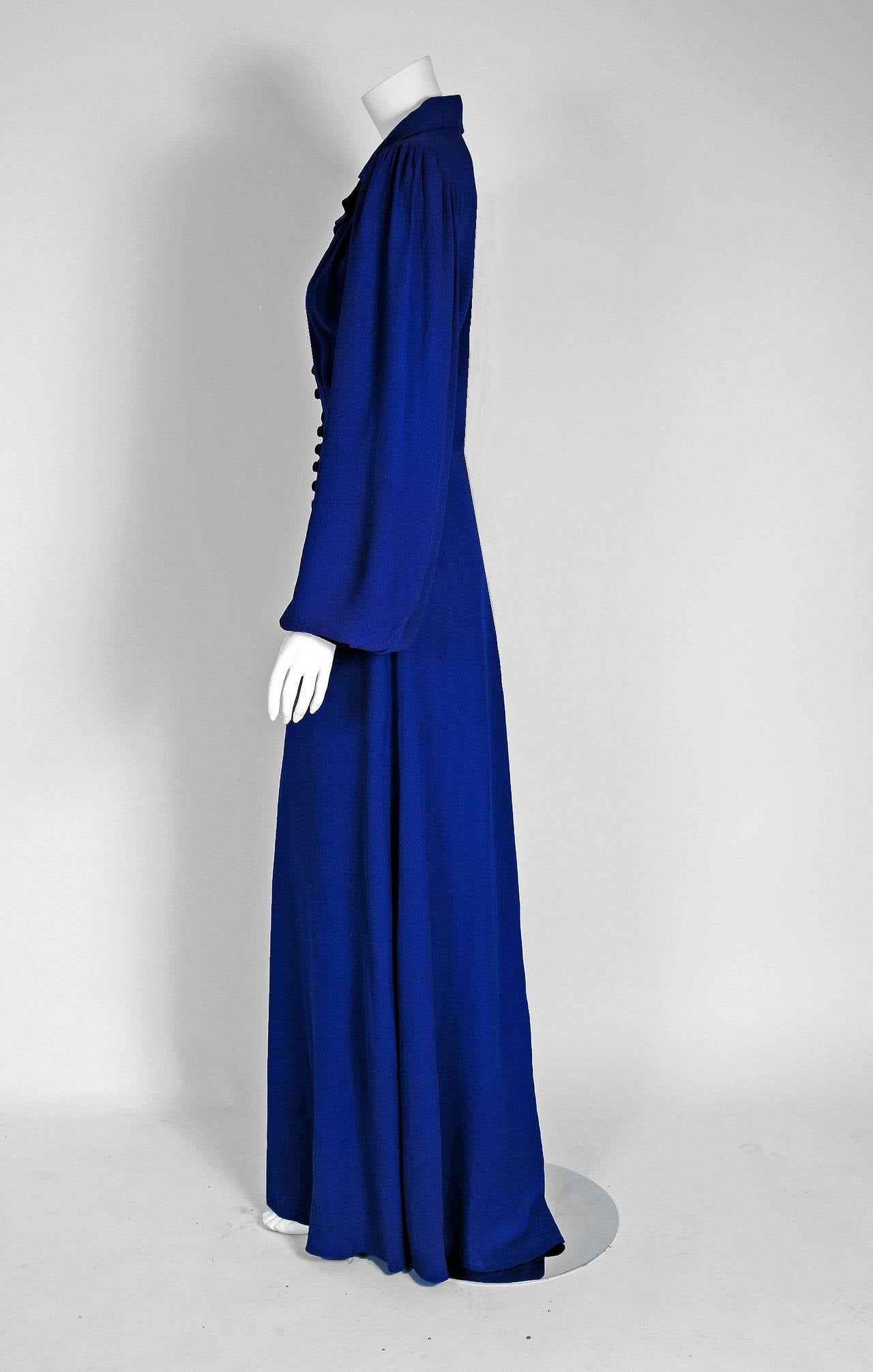 Purple 1970's Ossie Clark Indigo Moss-Crepe Sculpted Billow-Sleeve Maxi Dress Gown