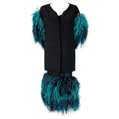 Used 1950's Irene Lentz Black Silk & Turquoise Ostrich-Feathers Cocktail Dress Set