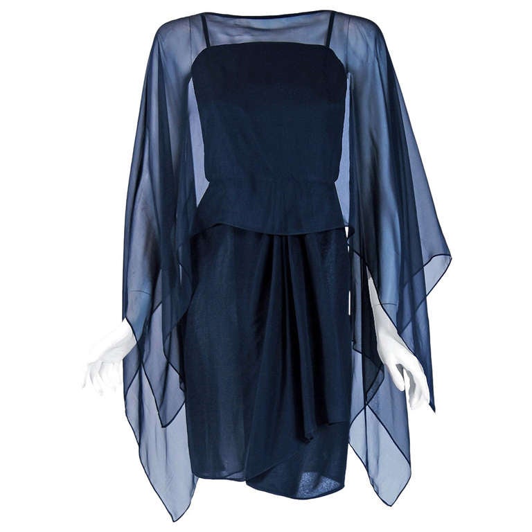 1970's Yves Saint Laurent Navy-Blue Chiffon Grecian Goddess Angel-Sleeves Dress