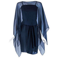 Vintage 1970's Yves Saint Laurent Navy-Blue Chiffon Grecian Goddess Angel-Sleeves Dress