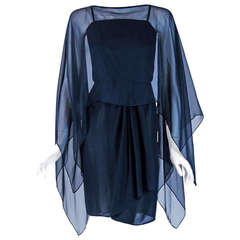 1970's Yves Saint Laurent Navy-Blue Chiffon Grecian Goddess Angel-Sleeves Dress