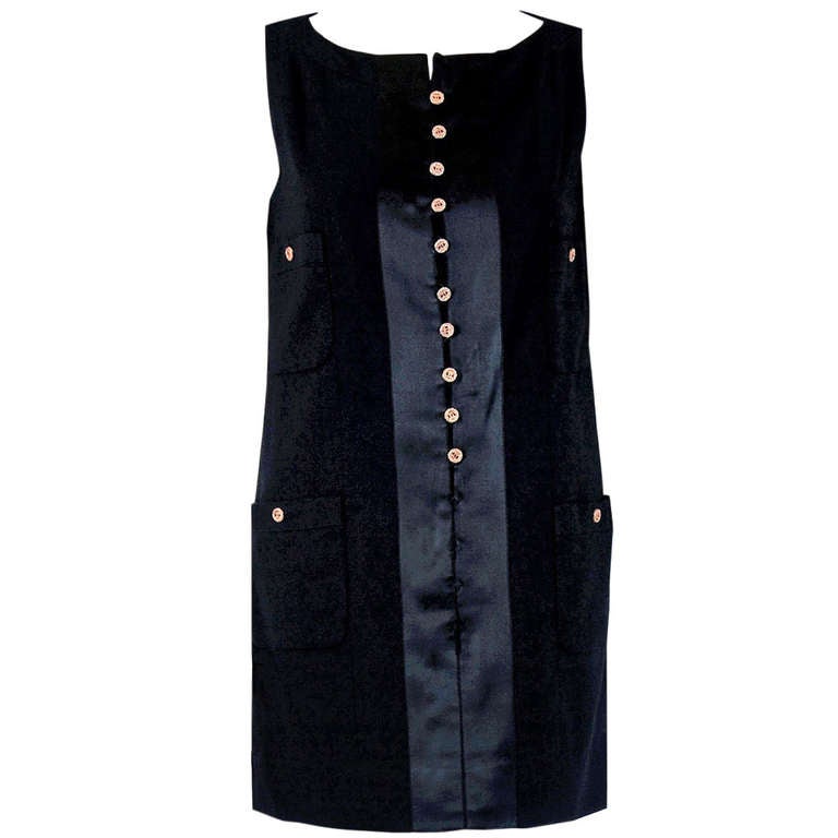 1990's Chanel Black Silk-Crepe & Satin Sleeveless Mod Mini Cocktail Dress