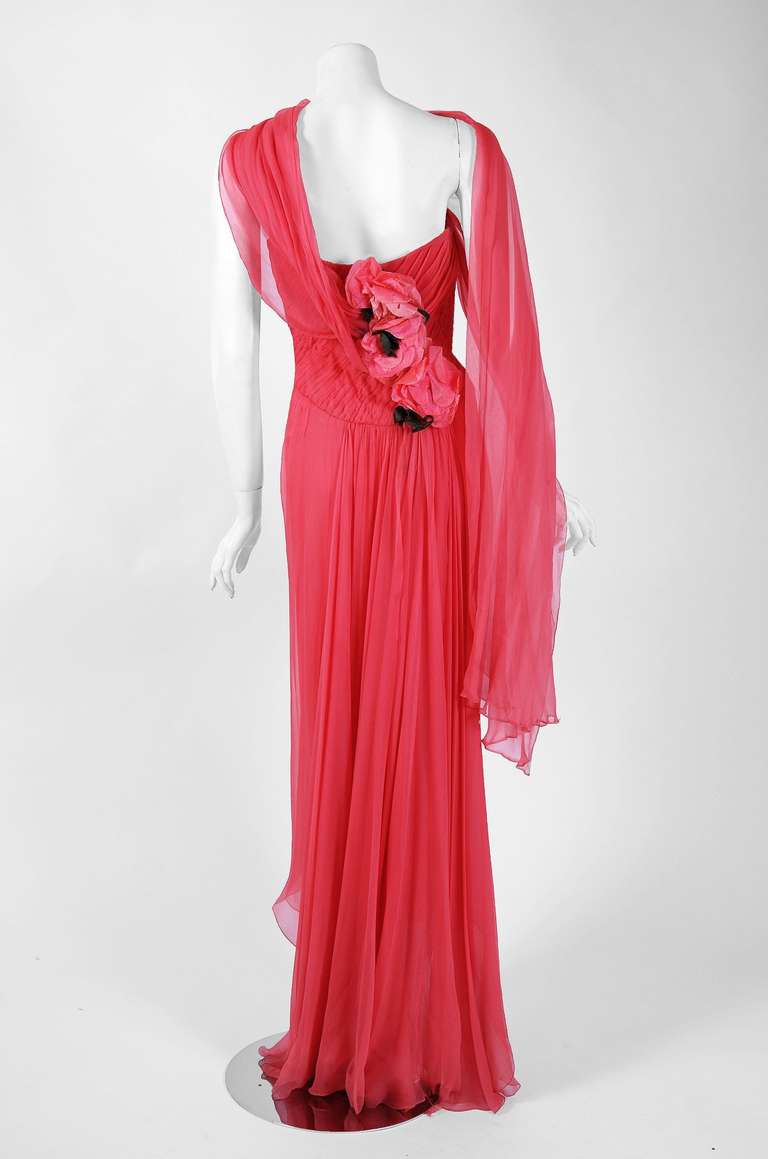 1950's Irene Lentz Coral-Pink Pleated Silk Strapless Floral-Applique Dress Gown In Excellent Condition In Beverly Hills, CA