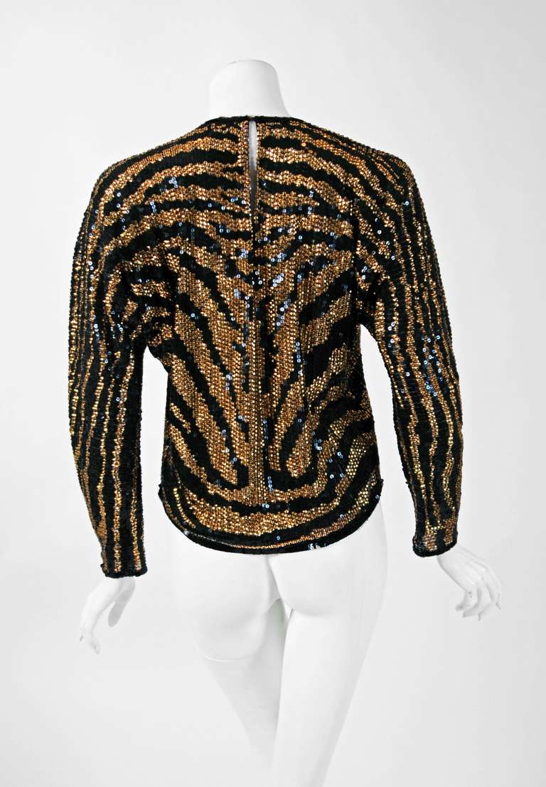 1970's Halston Black and Gold Tiger Stripe Long-Sleeve Blouse at 1stDibs
