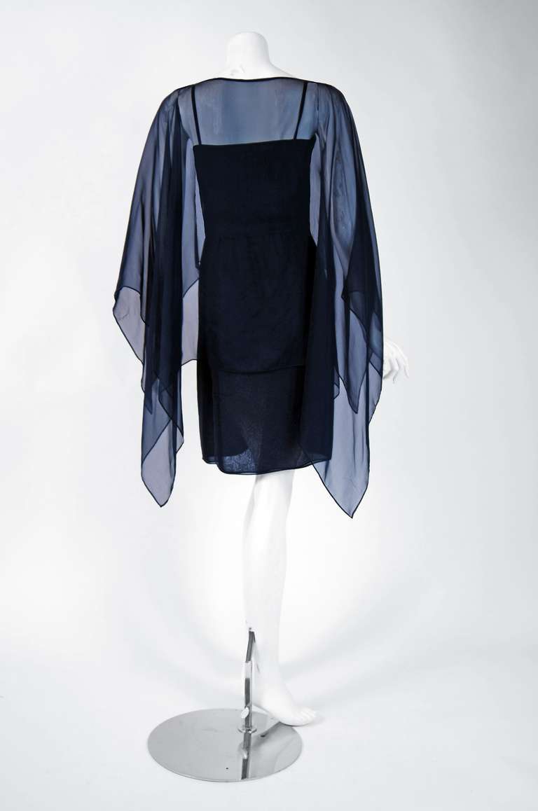Women's 1970's Yves Saint Laurent Navy-Blue Chiffon Grecian Goddess Angel-Sleeves Dress