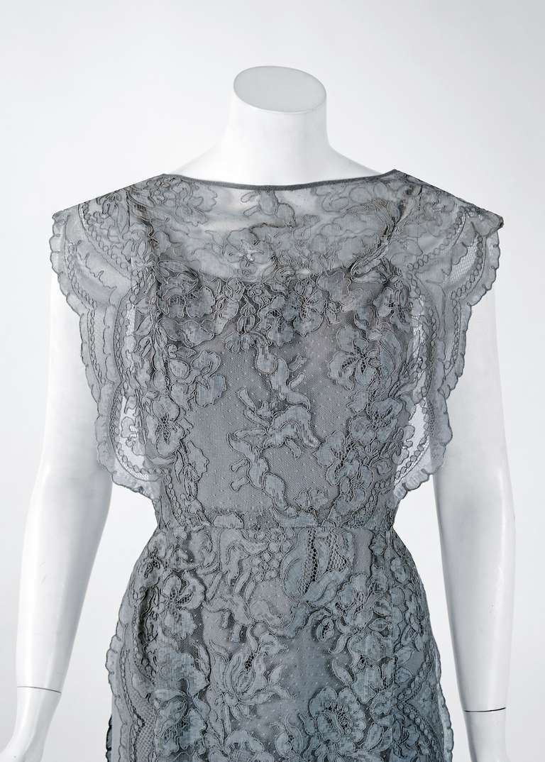 1950's Irene Lentz Grey Chantilly-Lace Illusion Scalloped Cocktail Party Dress