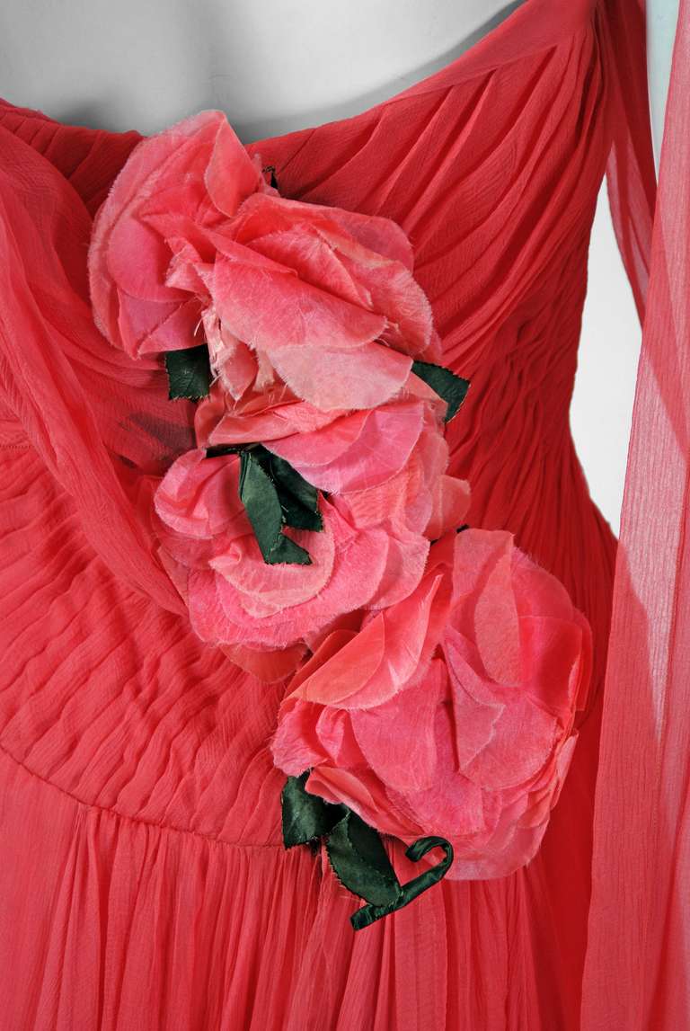 Red 1950's Irene Lentz Coral-Pink Pleated Silk Strapless Floral-Applique Dress Gown