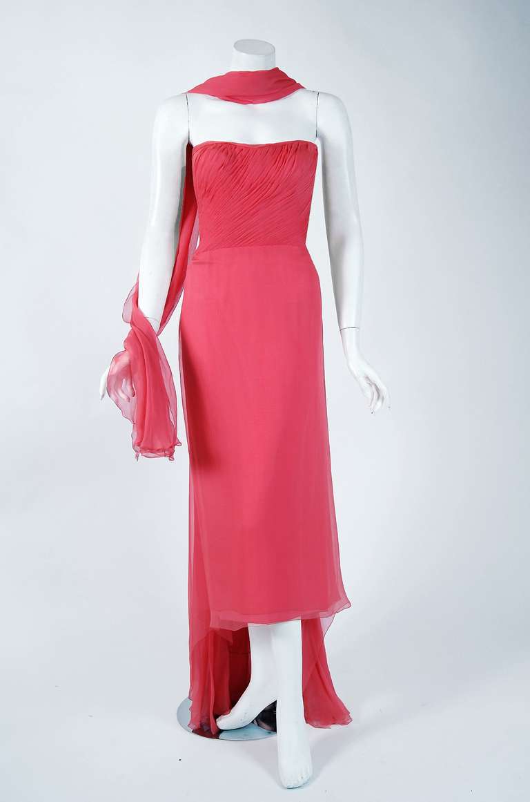 1950's Irene Lentz Coral-Pink Pleated Silk Strapless Floral-Applique ...