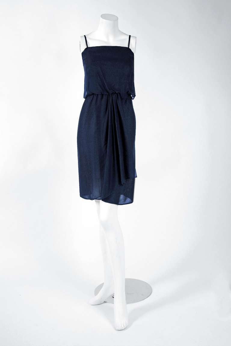 1970's Yves Saint Laurent Navy-Blue Chiffon Grecian Goddess Angel-Sleeves Dress In New Condition In Beverly Hills, CA