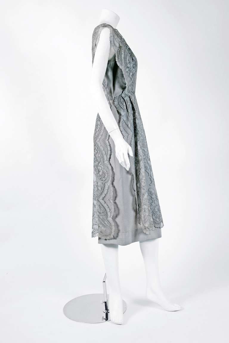 1950's Irene Lentz Grey Chantilly-Lace Illusion Scalloped Cocktail ...