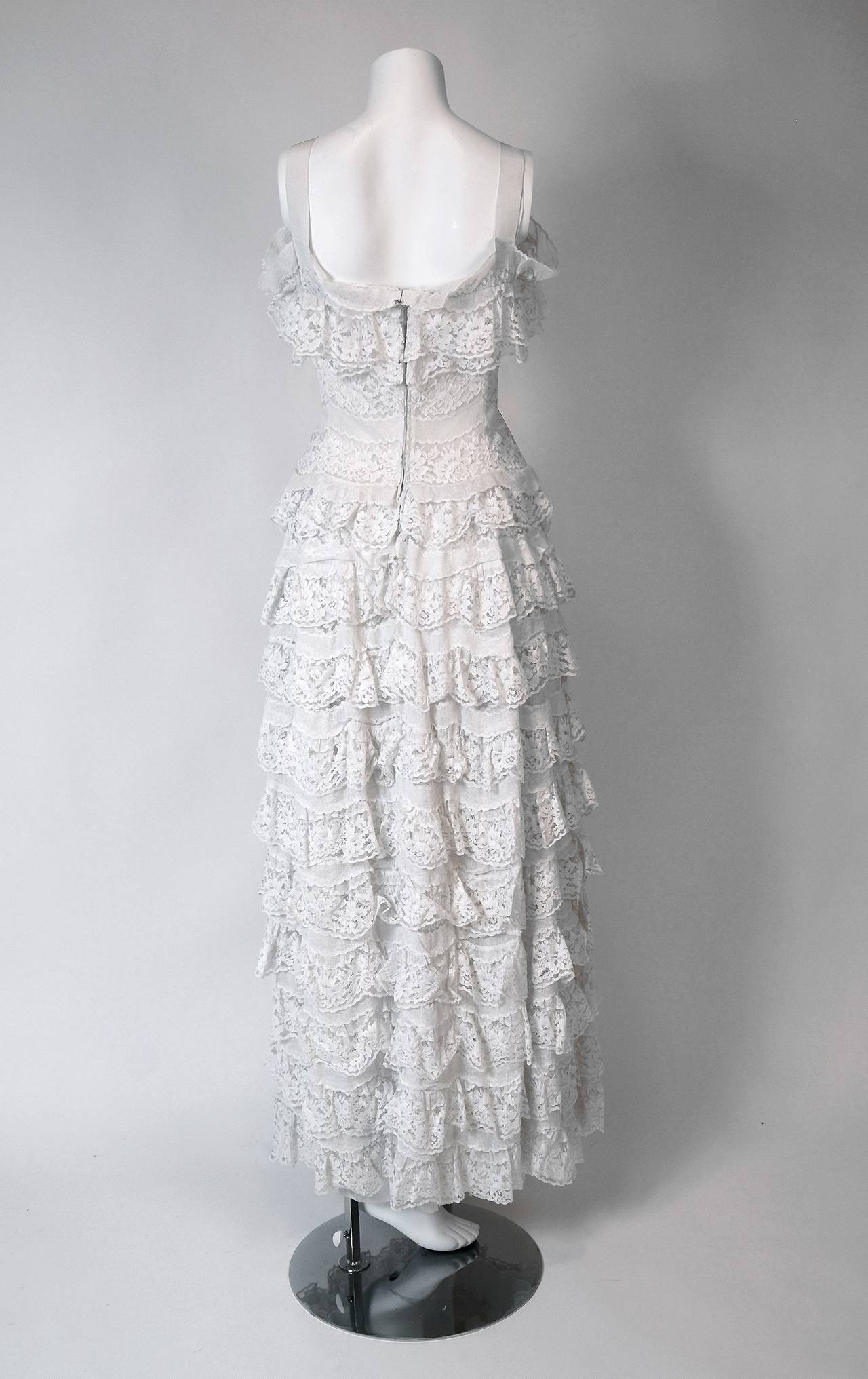 Gray 1962 Christian Dior Paris Demi-Couture White Tiered Ruffle Lace Formal Gown