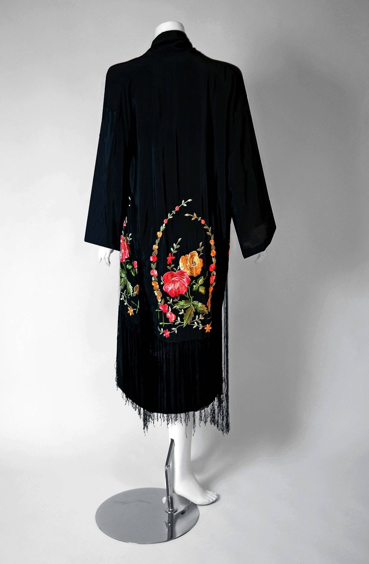 1920's Embroidered Floral Black Silk-Rayon Deco Fringed Kimono Flapper Dress 1