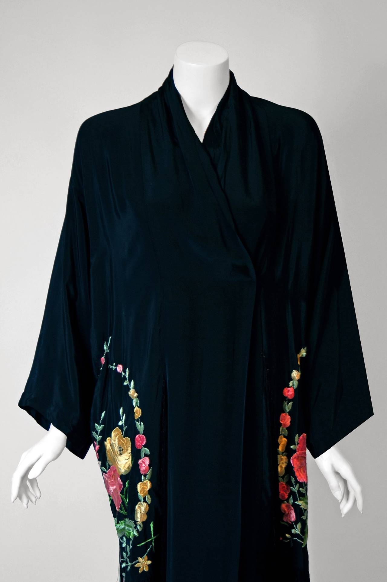 1920's Embroidered Floral Black Silk-Rayon Deco Fringed Kimono Flapper Dress In Excellent Condition In Beverly Hills, CA