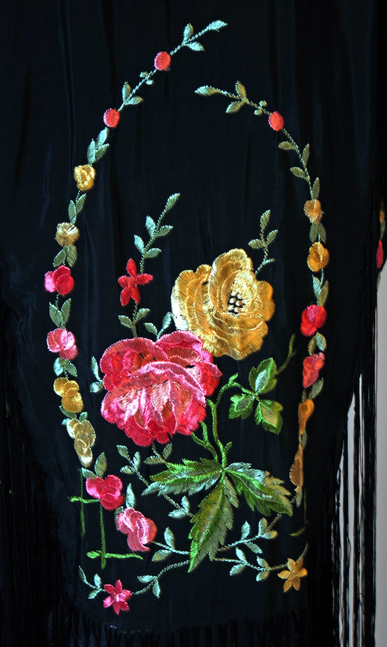 Women's 1920's Embroidered Floral Black Silk-Rayon Deco Fringed Kimono Flapper Dress