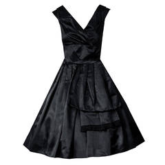 1955 Christian Dior Numbered London Black Satin Shelf-Bust Peplum Party Dress